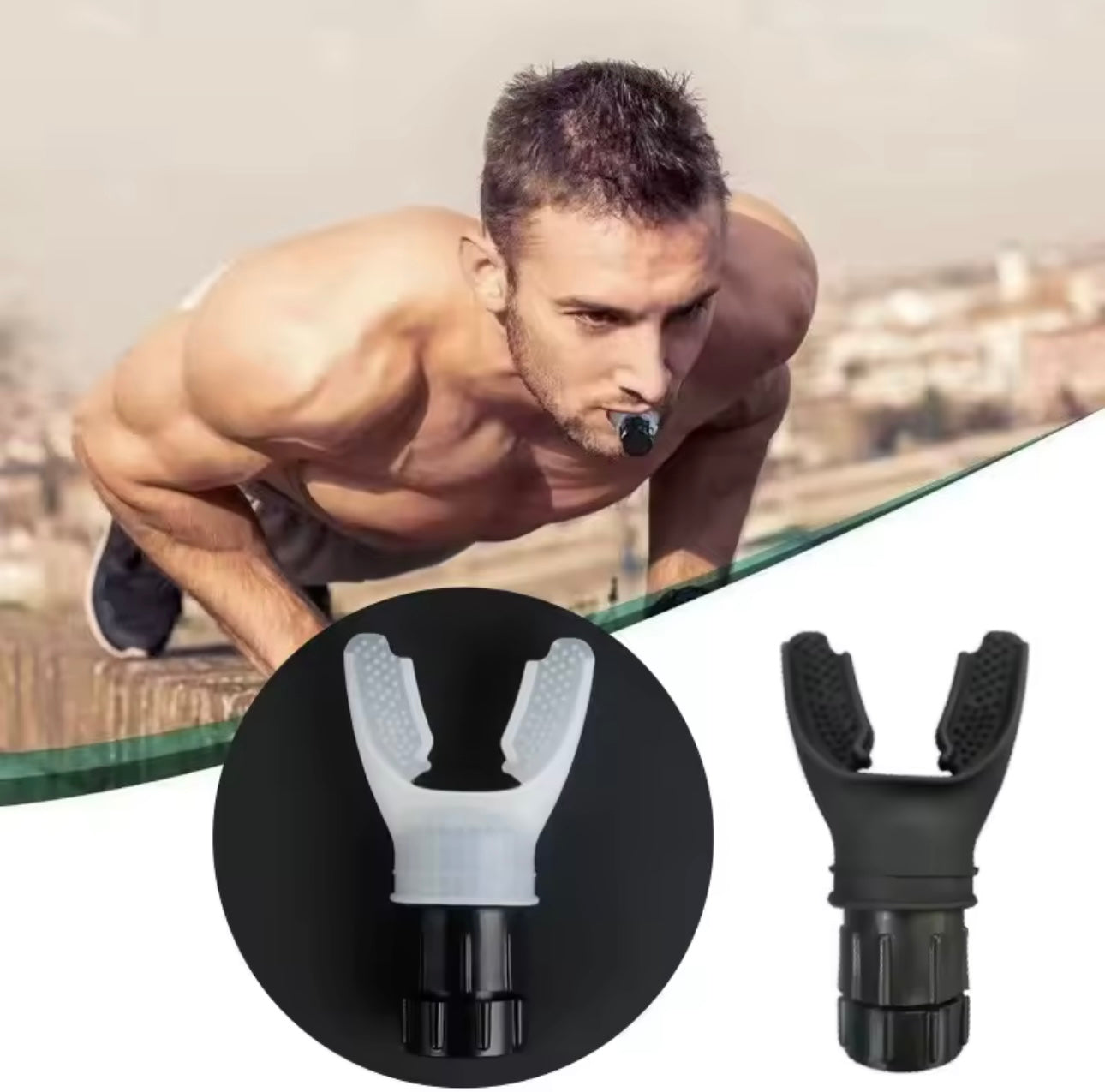 Mann trainiert mit tragbarem Atemtrainer zur Verbesserung der Lungenkapazität, HRV und Fitnessleistung