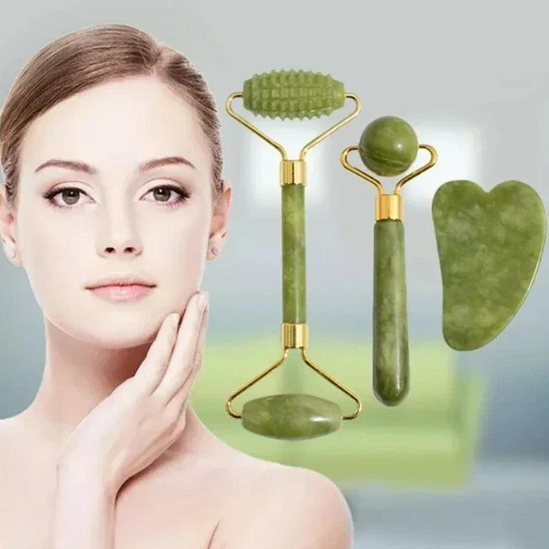 3er Faszien Gesichtsmassage Set (Gua Sha und Beautyroller)